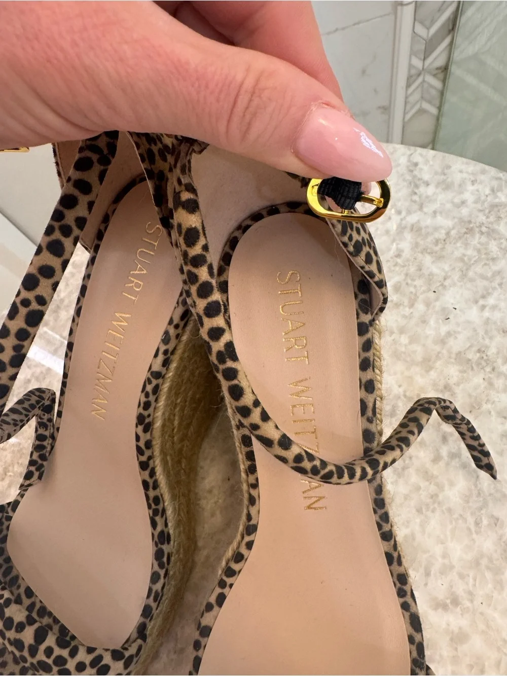 Stuart Weitzman Leopard Print Espadrille Wedge Sandals - Tan/Black